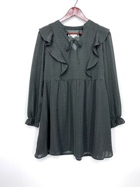 LOFT Green Hue Gray Seersucker Plaid Long Sleeve Ruffle Trim Mini Peasant Dress